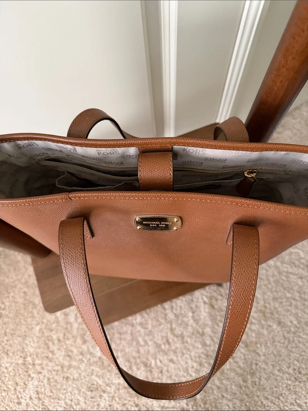 Michael Kors Cognac Pebbled Leather Small Tote with Gold Plaque